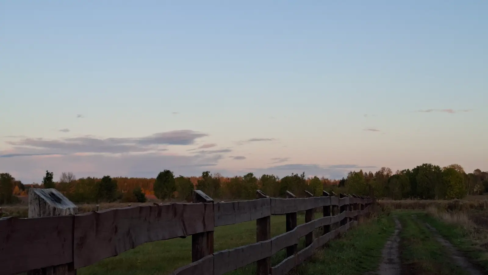 Zdjęcie wykonane w orientacji poziomej ukazuje wiejski krajobraz o zachodzie słońca. Na pierwszym planie widać solidne, drewniane ogrodzenie z grubych desek, które biegnie wzdłuż wydeptanej polnej ścieżki prowadzącej w głąb kadru. Po prawej stronie rozciąga się zielona łąka, natomiast w tle widoczna jest linia lasu skąpana w ciepłym, złocistym świetle kończącego się dnia. Niebo zajmuje znaczną część kompozycji, prezentując delikatne przejścia kolorystyczne od błękitu po subtelne odcienie różu i fioletu. Całość utrzymana jest w spokojnym, sielankowym nastroju, podkreślając naturalne piękno wiejskiej scenerii.