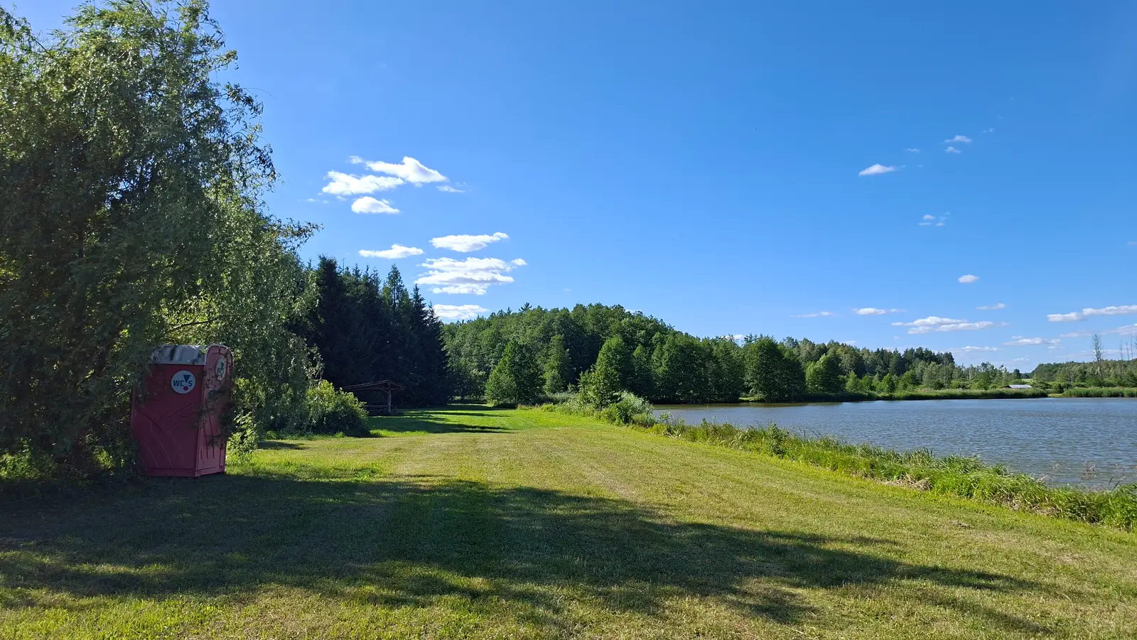Zdjęcie przedstawia sielski krajobraz w orientacji poziomej, gdzie głównym elementem jest rozległa, zielona łąka nad brzegiem jeziora w słoneczny dzień. Po lewej stronie, w cieniu dużego, rozłożystego drzewa, znajduje się czerwona przenośna toaleta typu Toi-Toi z widocznym logo „WCS”. Tło wypełnia gęsty, liściasty las ciągnący się wzdłuż linii brzegowej spokojnego zbiornika wodnego. Niebo jest bezchmurne i błękitne, co podkreśla naturalny i relaksujący charakter otoczenia. Kompozycja obrazu jest szeroka, skupiając się na kontraście między żywą zielenią trawnika a głębią lasu i wodą.